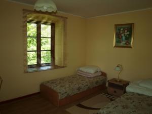 1 dormitorio con 2 camas y ventana en Dworek Szarki, en Szarki