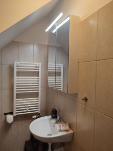 a bathroom with a sink and a mirror at Szent Iván Vendégház in Tata +86 photos