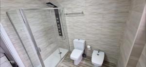 a bathroom with a toilet and a glass shower at Lanzarote Playa y Mar in Arrecife +40 photos