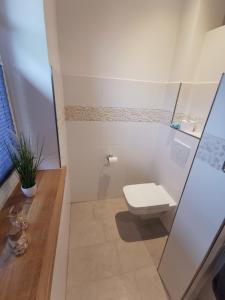 a white bathroom with a toilet and a plant at Gemütliche Einliegerwohnung in Drantum +10 photos