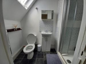 a small bathroom with a toilet and a sink at Private 1-bedroom apartment in Raynes Park in Raynes Park