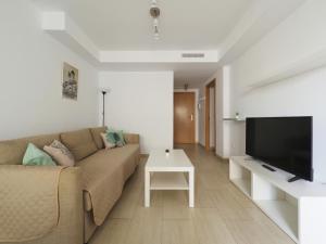 un soggiorno con divano e TV a schermo piatto di Apartamentos La Mar a 40 metros de la playa a El Campello