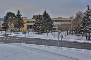 uma rua coberta de neve com um edifício e árvores em Hotel Šariš em Bardejov