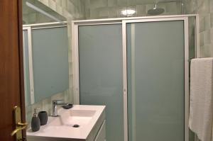 ein Badezimmer mit Waschbecken und Glasdusche in der Unterkunft Emunah - no coração de Aveiro in Aveiro