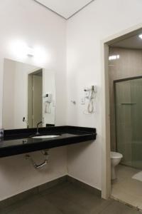 a bathroom with a sink and a toilet and a mirror at Pousada Recanto Dourado in Bonito