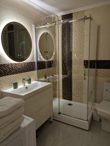 a bathroom with a shower and a sink and a toilet at Top Belgrade Apartments in Belgrade