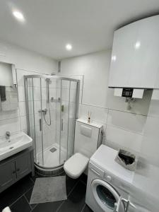 a bathroom with a shower and a toilet and a sink at Urbanes Apartment Nähe ECE - Center & Schloss in Karlsruhe