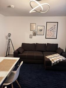 a living room with a brown couch and a table at Traumhafte Nächte, unvergesslich in Chemnitz