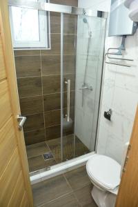 a bathroom with a glass shower with a toilet at Apartmani Moskva in Kopaonik