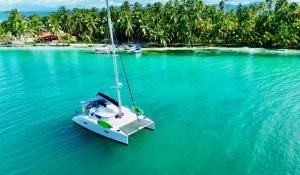 ein Segelboot im Wasser neben einer Insel in der Unterkunft Catamaran Yoyo in Isla Wichitupo Grande