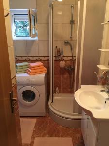 a bathroom with a shower and a washing machine at Apartment Sanja in Baška Voda +12 photos