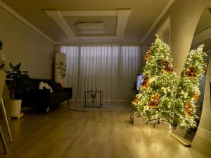 a living room with a christmas tree and a couch at Indeogwon Hue Stay in Anyang
