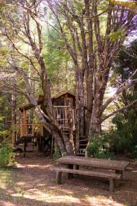 a tree house with a bench in front of it at Pucón Magic forest in Pucón