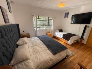 a bedroom with two beds and a flat screen tv at Hostal Roma Condesa in Mexico City
