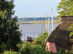 a house next to a river with a boat on it at Ferienwohnung Hafenkieker in Born