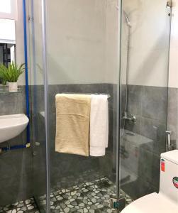 a bathroom with a shower with a sink and a toilet at Kimi Uchi Home in Da Lat