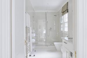 a white bathroom with a shower and a toilet at Farm Lorraine The Loft Cottage in Franschhoek +23 photos