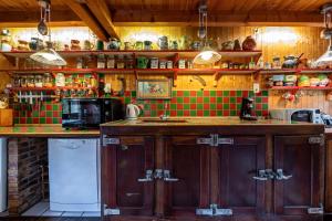 a kitchen with a counter and a green tiled wall at Le Chavot - Chalet 140 m² pour 8 personnes in Cohennoz +11 photos