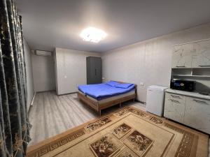 une petite chambre avec un lit et une cuisine dans l'établissement Tims cottage, à Karakol 7 autres photos