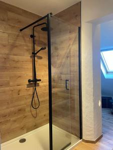 a shower in a room with a wooden wall at Landhaus "Marcomagus" in Kall