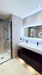 a bathroom with a shower and a sink and a mirror at Le Cocon Studio in Brussels