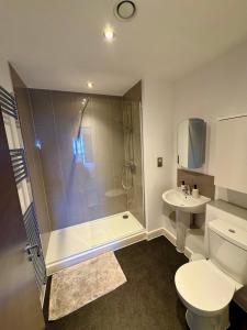 a bathroom with a shower and a toilet and a sink at The Mirrored House in Kent +23 photos