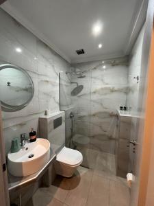 a bathroom with a sink and a toilet and a shower at House Kohili in Nea Vrasna