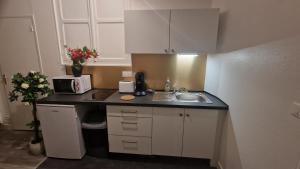 a small kitchen with a sink and a microwave at App 1- Studio Lumineux et Jardin Hyper-Centre 5min gare in Évreux +46 photos