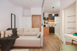 a living room with a couch and a kitchen at Apartament Blues, ul Jastrzębia in Lublin