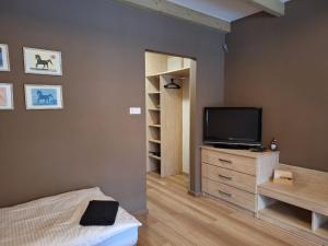 a living room with a tv on a wooden dresser at Stajnia Gostar in Jelenia Góra