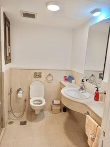 a bathroom with a toilet and a sink and a mirror at Beachfront Apartment with Pool & Stunning View in Salalah