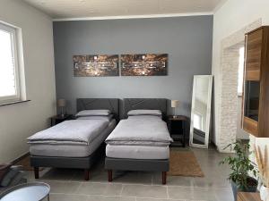 two beds in a room with two mirrors at Ferienwohnung 1 Schweizer in Geisingen