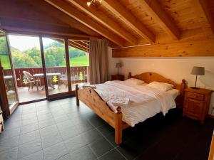 瓦尔·蒂利兹Aparthotel Mountain River Resort的一间带大床和大窗户的卧室