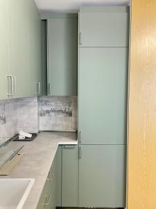 a kitchen with green cabinets and a white refrigerator at Apartment No 506 Lebada Lake in Pantelimon