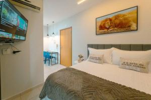 a bedroom with a bed and a flat screen tv at Lindo e Confortável Espaço - MEL509 in Maringá