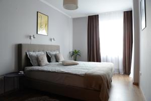 a bedroom with a bed and a large window at Macropolis Apartments in Miskolc