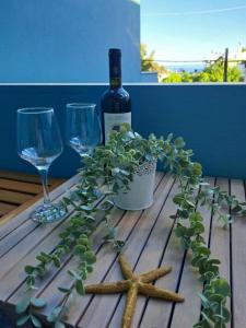 a wooden table with a bottle of wine and a plant at Orion Studios in Alonnisos +45 photos