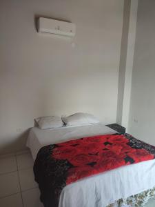 a bedroom with a bed with red roses on it at La casita in Asuncion