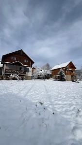 a snow covered yard in front of two houses at PERFECT in Yaremche