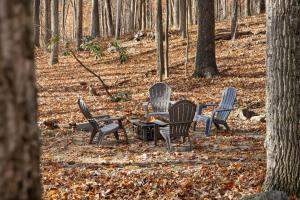 a group of chairs and a table in the woods at Mountainside w Fireplace, Fire Pit, Deck, & WiFi in Smith Crossroads