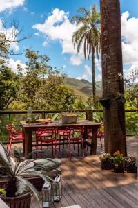 a deck with a table and chairs and a palm tree at Casa Raul Macacos in Nova Lima
