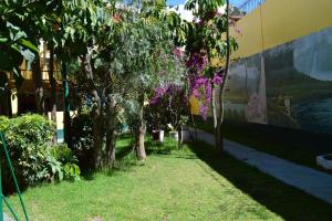 een muur met bomen en bloemen aan de zijkant van een gebouw bij Kibo Hotel in Ayacucho
