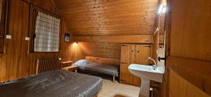 La salle de bains est pourvue d'un lavabo et d'un lit dans la chambre. dans l'établissement Chalet les Alpages vue panoramique sur le lac Léman, à Thollon-les-Mémises