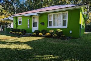 a green house with a dog on the window at Kitchen, Laundry & Fenced Yard in New Bern