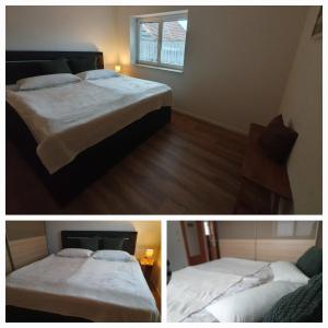 two pictures of a hotel room with two beds at Appartement Wasserburg in Andisleben