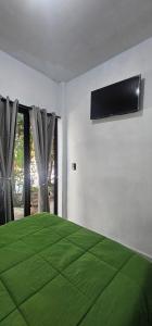 Schlafzimmer mit einem grünen Bett und einem Flachbild-TV in der Unterkunft Casa Amarilla Tecámac in Santa Cruz Tecamac