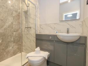 Un baño con inodoro, lavabo y ducha. en Two No36, en Weymouth 23 fotos más