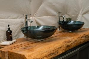 two black sinks on a wooden counter with a bottle at The Ellijay Turtle House in Ellijay