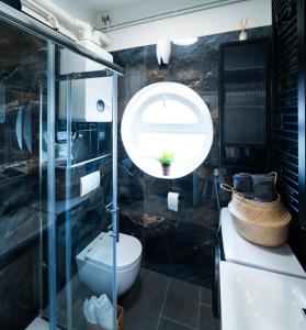 a bathroom with a glass shower and a toilet at Studio apartman Kvaternik in Zagreb +34 photos