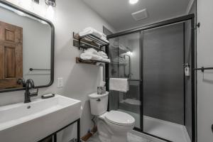 a bathroom with a toilet and a sink and a shower at Cove Creek Lodge 202 Poolside Double Queen Room in Oakland
